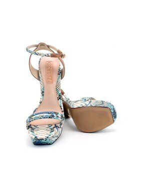 Schutz Caitlin High Heel Blue Jeans Biscuit Python Sandal Snakeskin Platform NEW